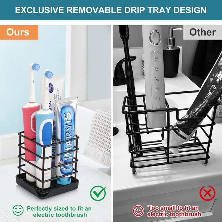 Chintu Toothbrush Holders for Bathrooms, Stainless Steel Bathroom Toothbrush Holder Kids Electric Tooth Brushing Holder Stand and Toothpaste Holder for Bathroom Accessories Organizer with Tray, Black (Small) - Image 3